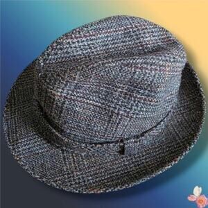 London Fog Vintage Tweed Fedora Hat Wool-Blend Plaid Gray Size 7 1/8